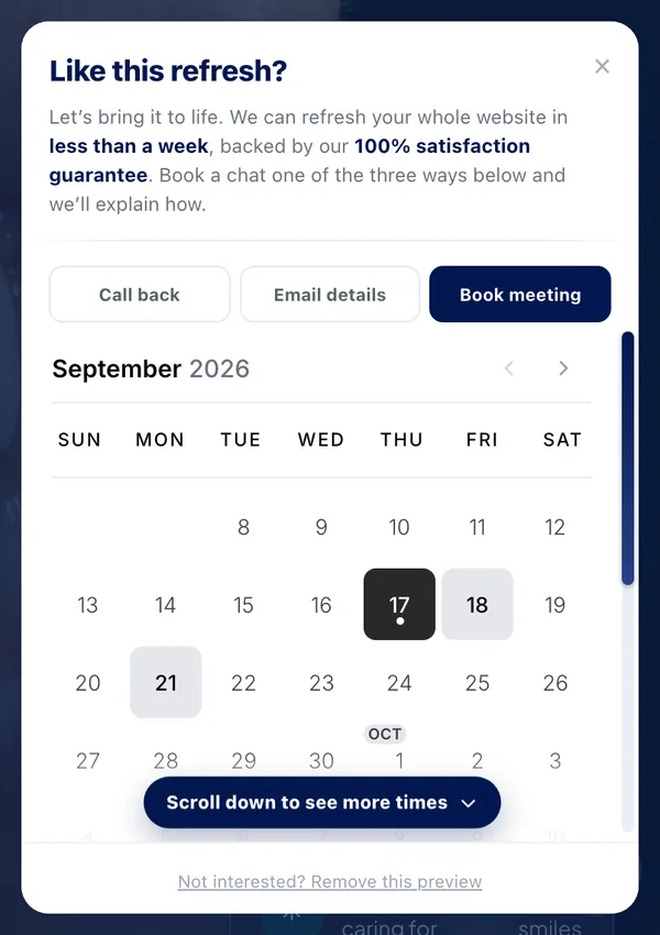 The widget opened on Book meeting: a monthly calendar with available days, next to Call back and Email details tabs.