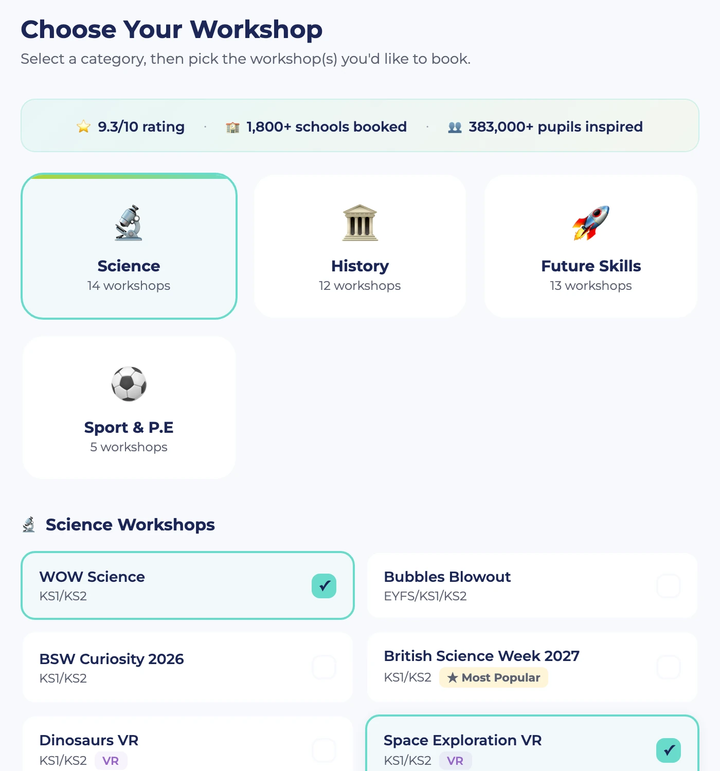 Step 1: the workshop picker, with a trust bar reading 9.3 out of 10, 1,800+ schools booked and 383,000+ pupils, four categories, and science workshops with a Most Popular badge.