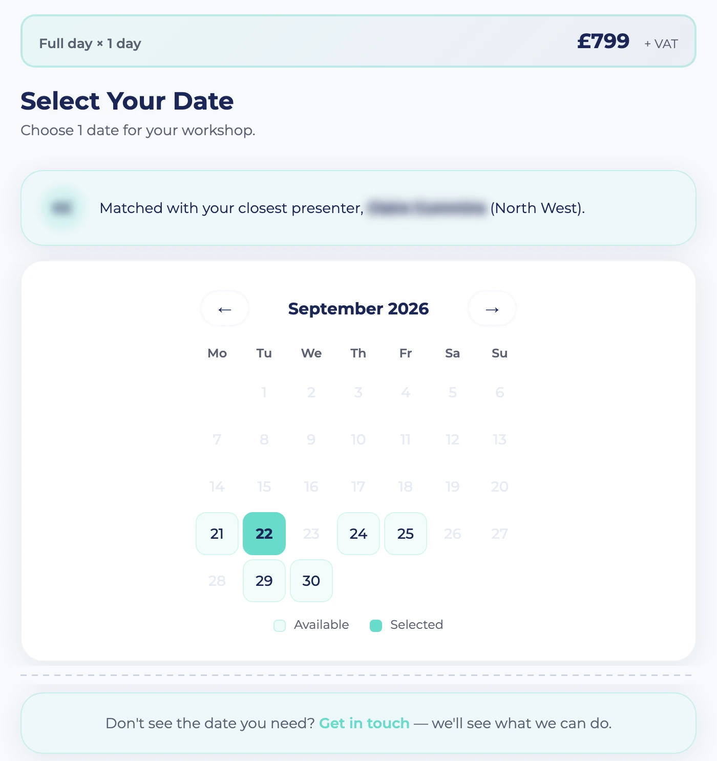 Step 4: matched with the closest presenter, name hidden, and a calendar showing only their available dates in September, with one selected and a get-in-touch link.