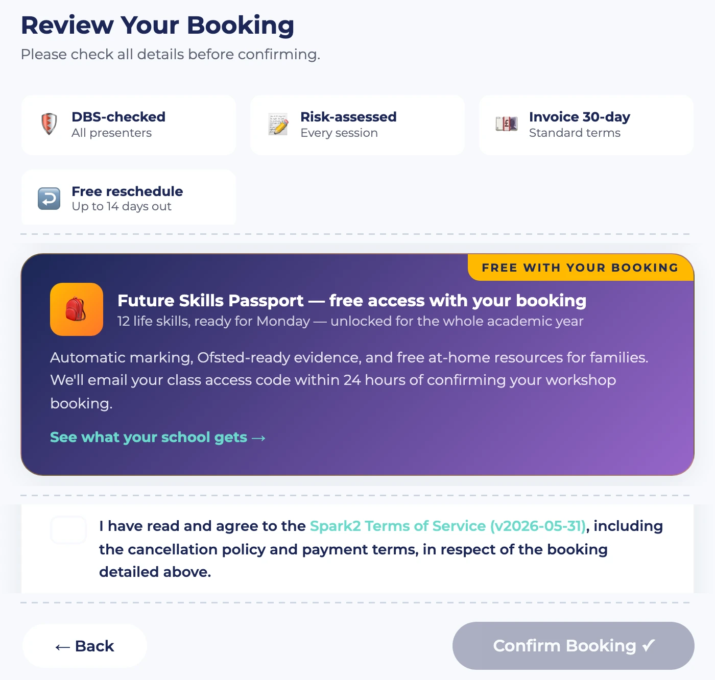 Step 6: trust badges for DBS checks, risk assessment, 30-day invoice terms and free rescheduling, free Future Skills Passport access with the booking, versioned terms of service, and the confirm button.