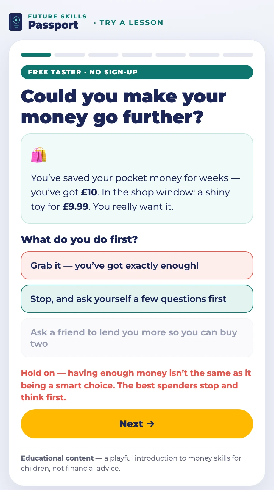 Instant feedback: A wrong answer is explained on the spot, and the right one shown