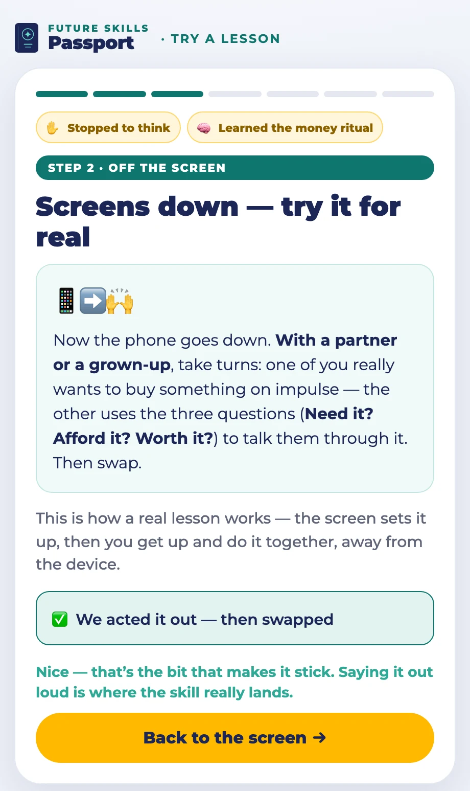 Off the screen: Screens down: act it out with a partner or a grown-up
