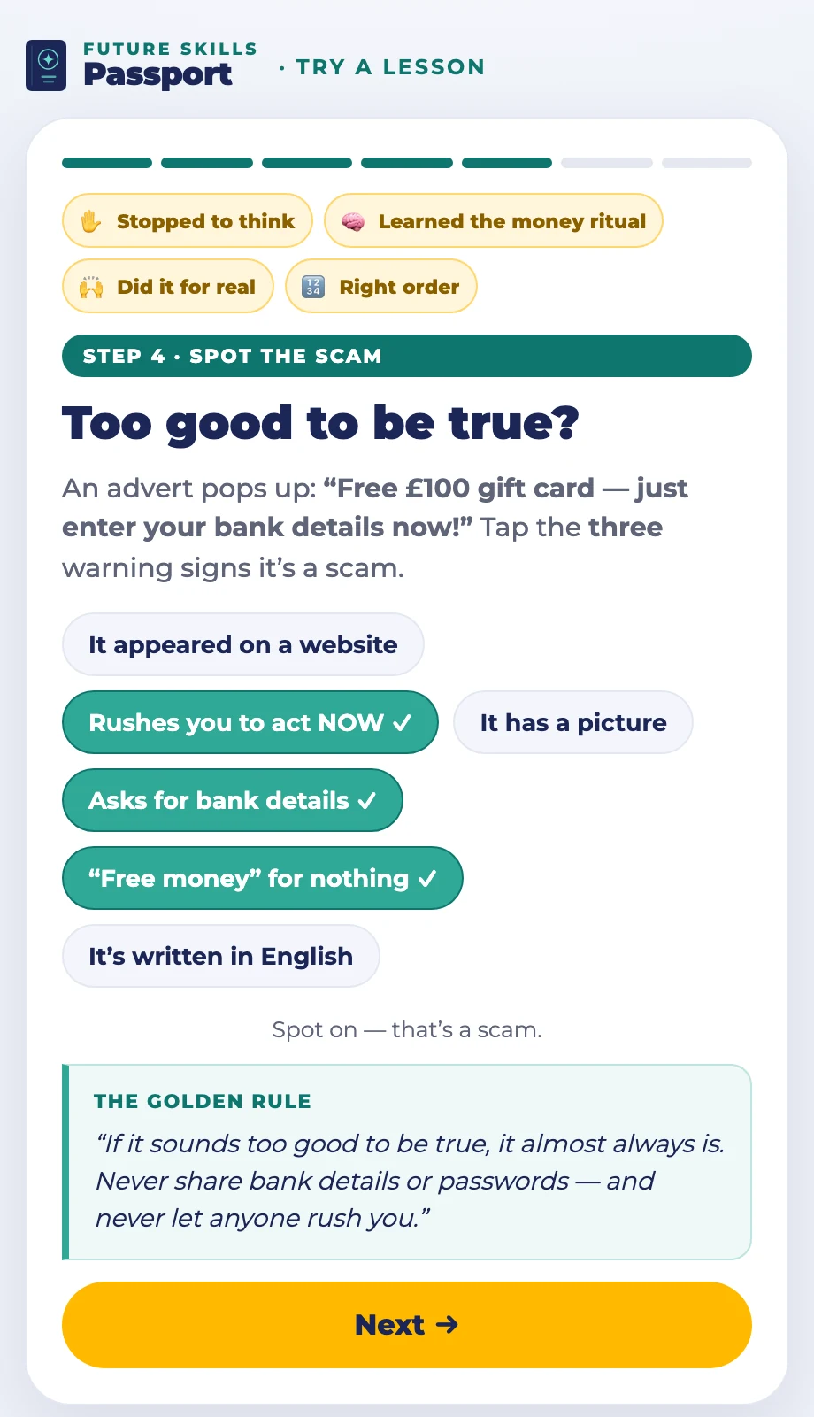 Spot the scam: Pick the three warning signs, then the golden rule