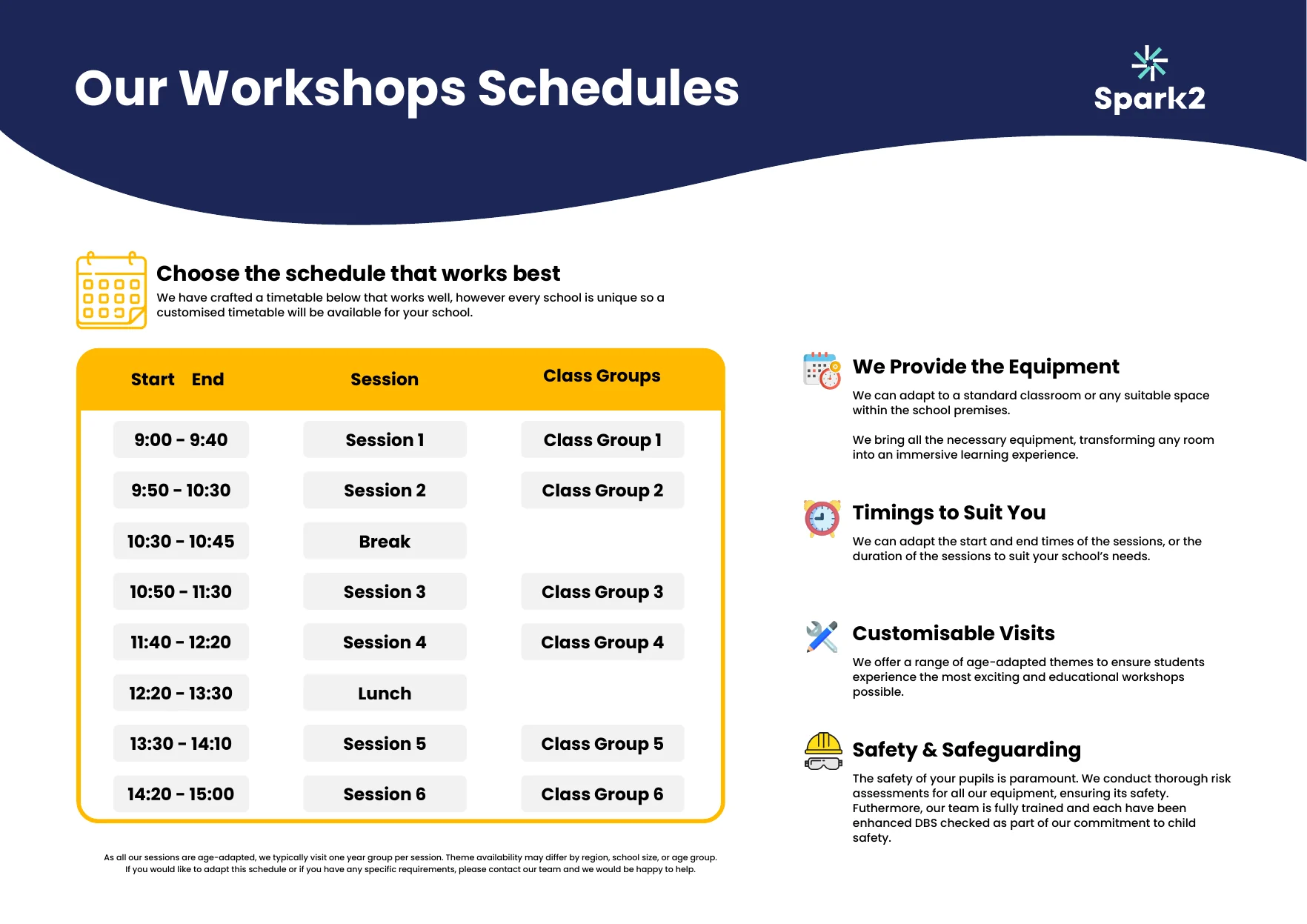 The schedule page: a timetable of sessions through the school day, with class groups, and notes on equipment provided, timings, customisable visits and safety and safeguarding.