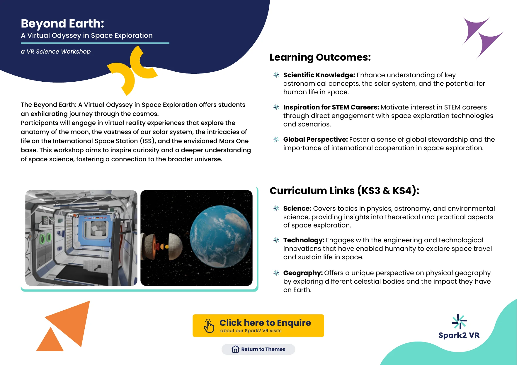 The Beyond Earth VR science workshop page: exploring space in virtual reality, with learning outcomes and curriculum links in science, technology and geography.