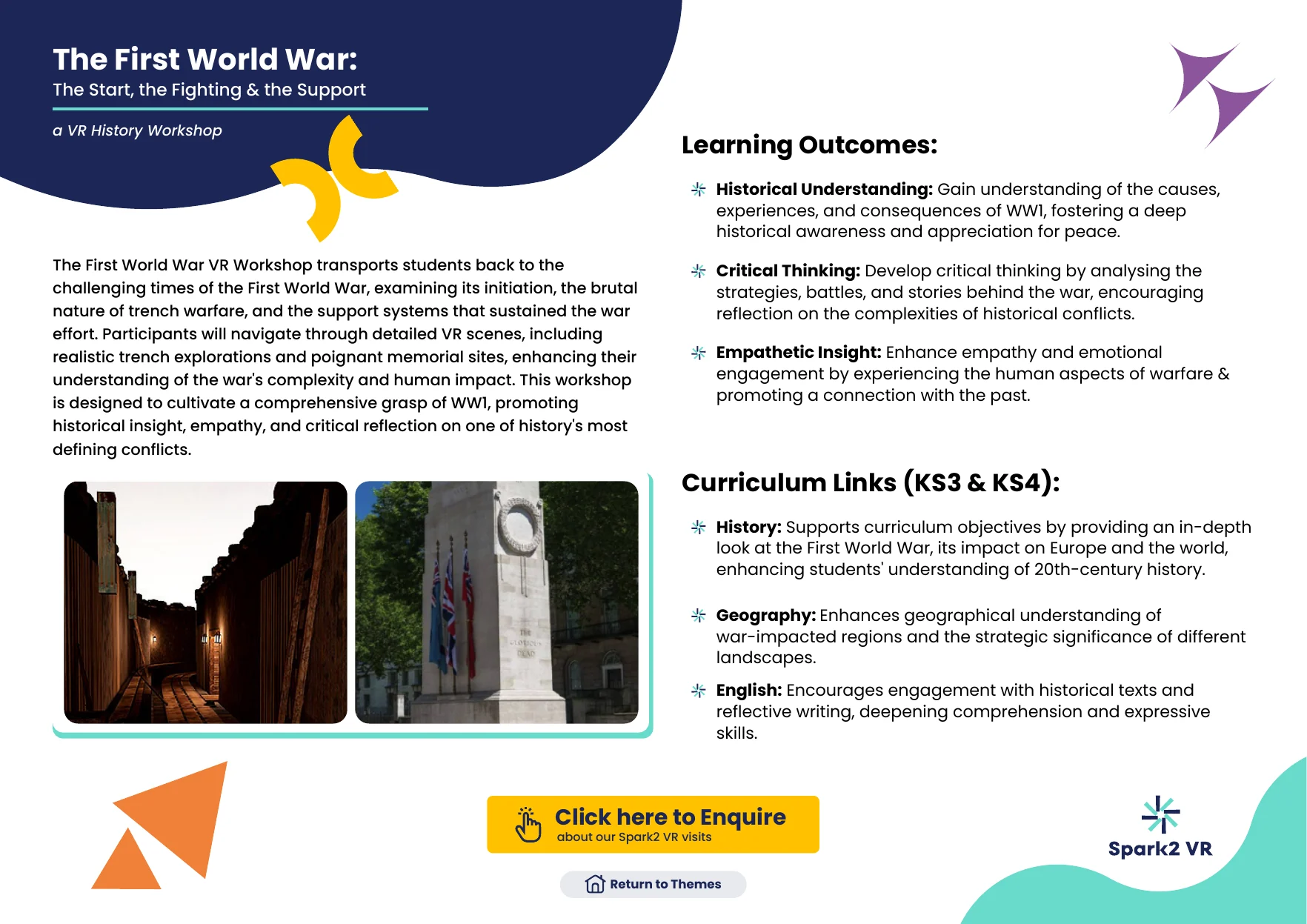 The First World War VR workshop page: a description, three learning outcomes, curriculum links for key stages 3 and 4 in history, geography and English, and scenes from the VR experience.
