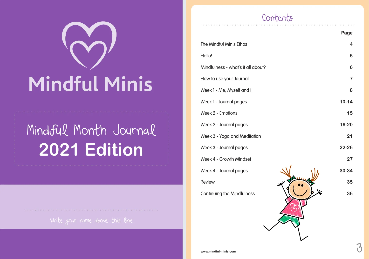 The Mindful Month journal, 2021 edition: the purple Mindful Minis cover, and the contents page listing four weekly themes and the daily pages.
