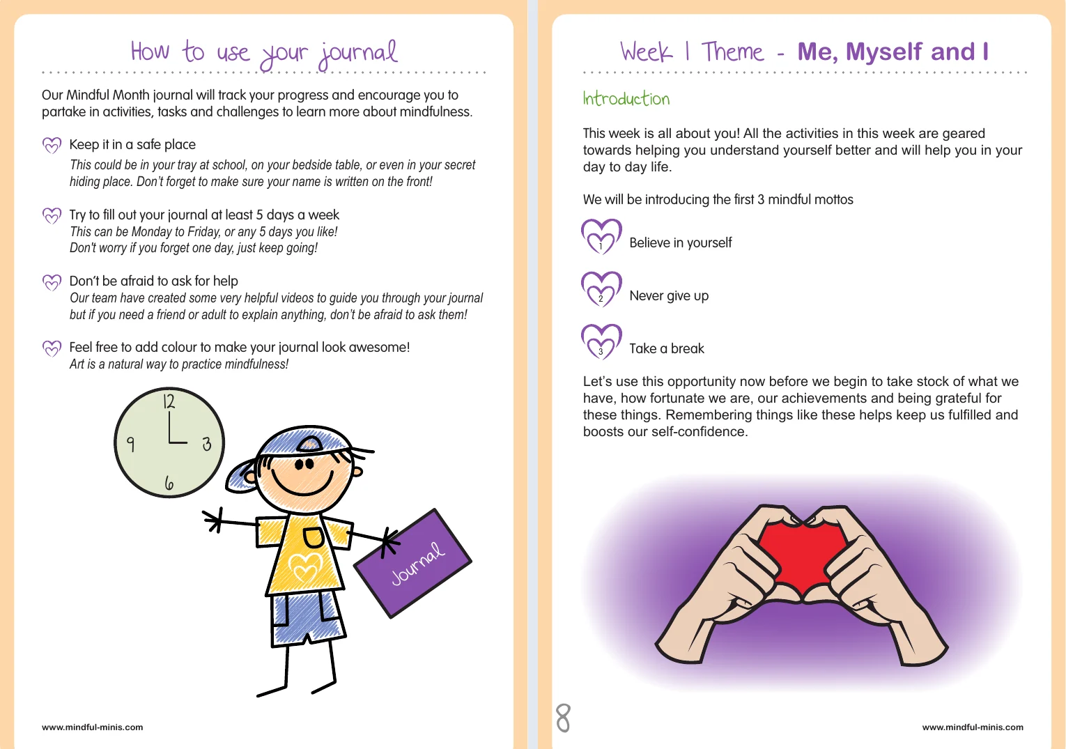 The How to use your journal page, and the week 1 theme page: Me, Myself and I.