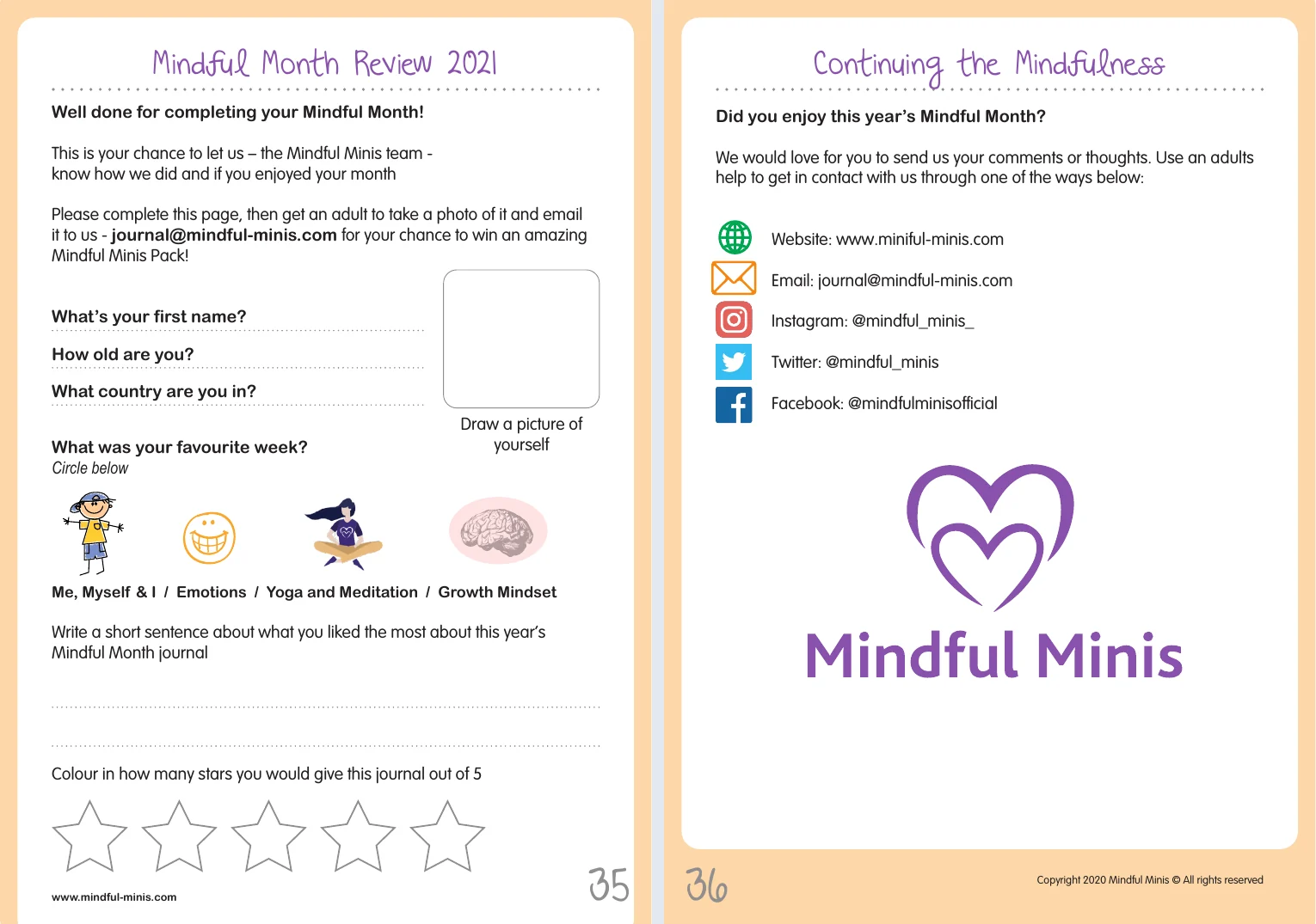 The Mindful Month review page, asking what the child learned and how they would rate the month, and the back page on continuing the practice.