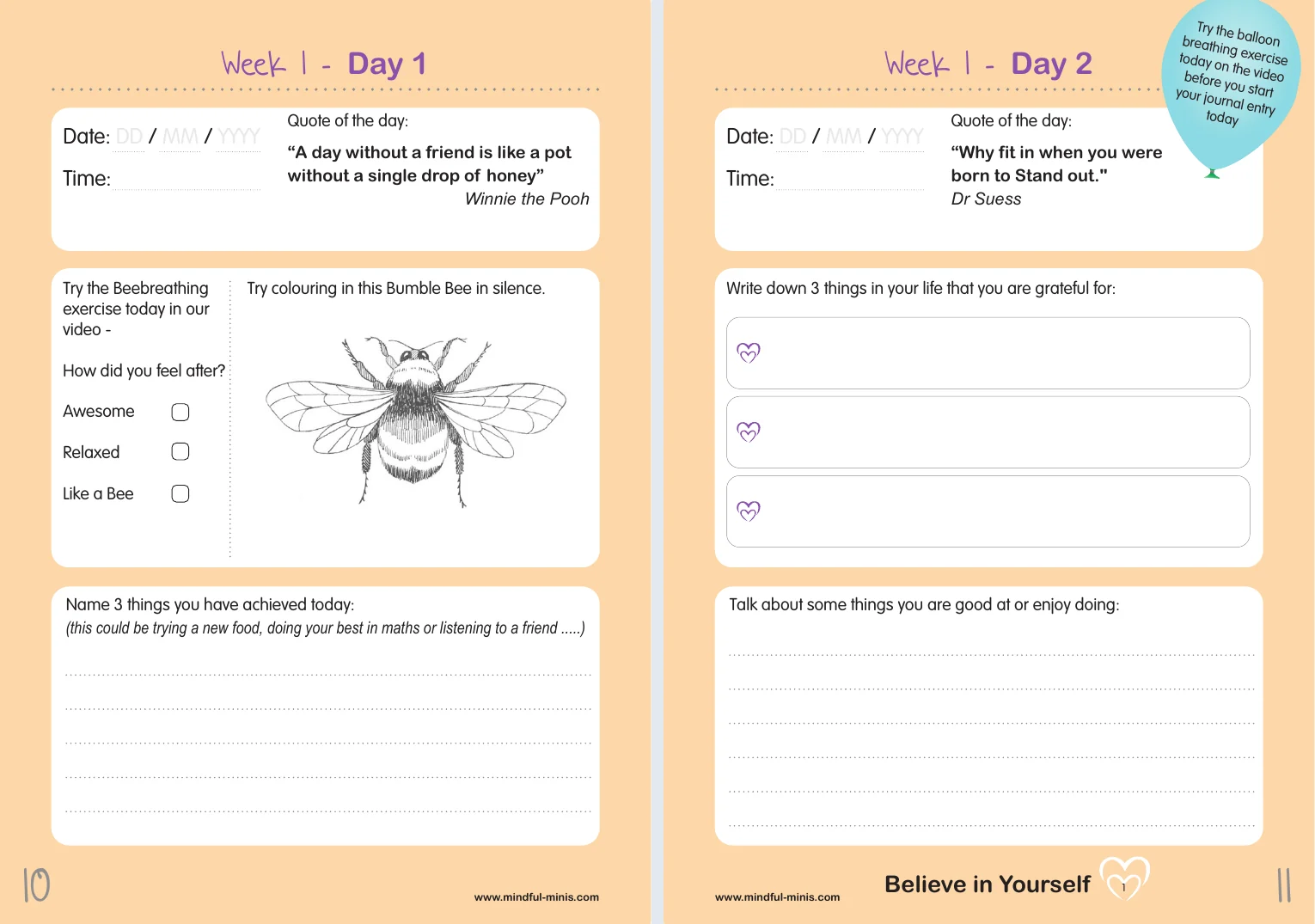 Week 1, days 1 and 2: a quote of the day, a short activity to draw or write, and a reflection.