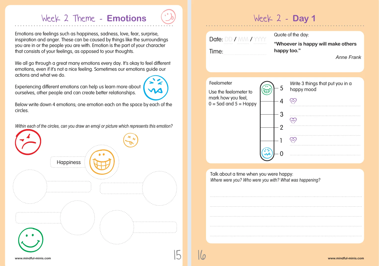 The week 2 theme page on emotions, and its first day's activity.