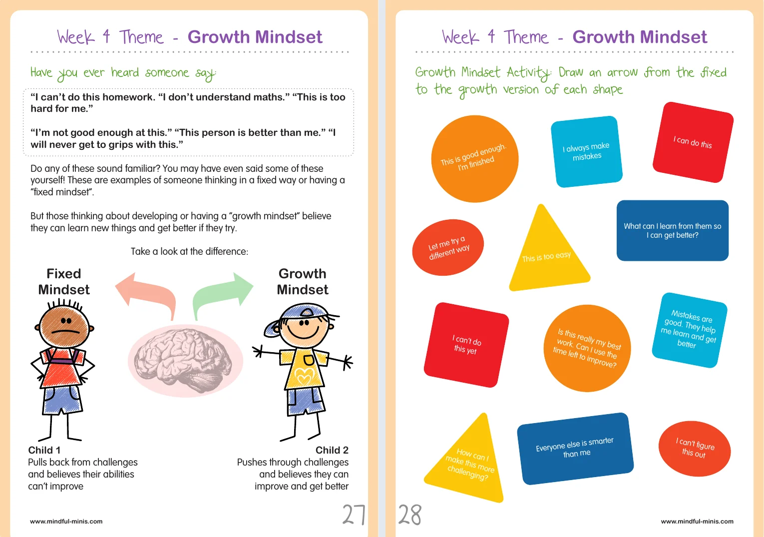 The week 4 theme page on growth mindset, with fixed and growth mindset contrasted, and an activity matching fixed statements to their growth versions.